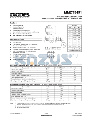 MMDT5451_1 datasheet - COMPLEMENTARY NPN / PNP SMALL SIGNAL SURFACE MOUNT TRANSISTOR