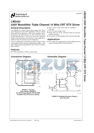 LM2423 datasheet - 220V Monolithic Triple Channel 15 MHz CRT DTV Driver