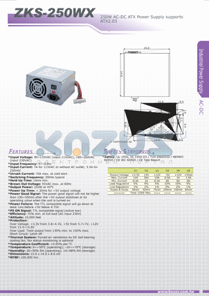ZKS-250WX datasheet - 250W AC-DC ATX Power Supply supports ATX2.03