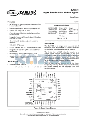 ZL10036LDG datasheet - Digital Satellite Tuner with RF Bypass