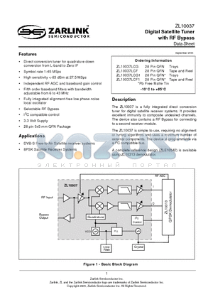 ZL10037 datasheet - Digital Satellite Tuner with RF Bypass