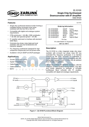 ZL10100/DDF datasheet - Single Chip Synthesized Downconverter with IF Amplifier