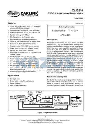 ZL10210/GP1N datasheet - DVB-C Cable Channel Demodulator