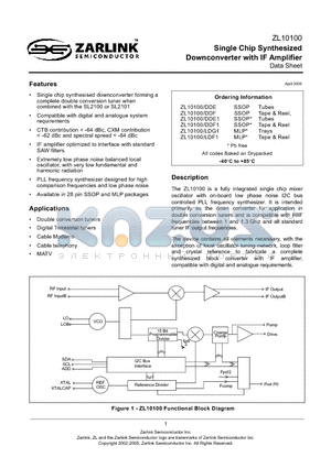 ZL10100/DDF1 datasheet - Single Chip Synthesized Downconverter with IF Amplifier