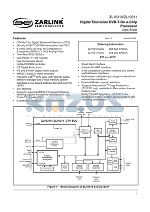 ZL10311GAC datasheet - Digital Television DVB-T-On-a-Chip Processor