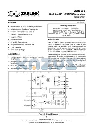 ZL20200LCE datasheet - Dual Band IS136/AMPS Transceiver