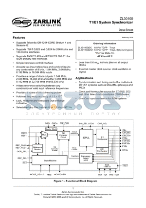 ZL30100QDG1 datasheet - T1/E1 System Synchronizer