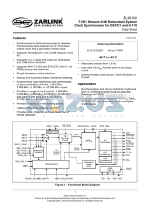 ZL30102QDG datasheet - T1/E1 Stratum 4/4E Redundant System Clock Synchronizer for DS1/E1 and H.110