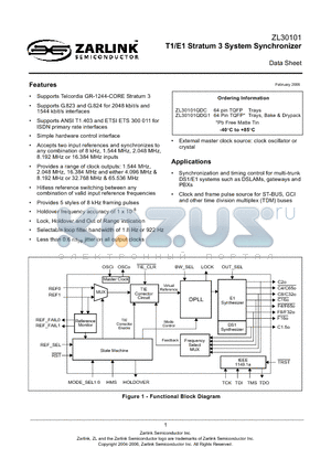 ZL30101QDG1 datasheet - T1/E1 Stratum 3 System Synchronizer