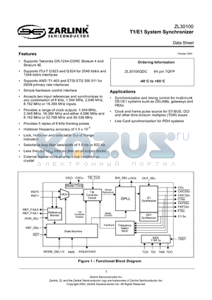 ZL30100 datasheet - T1/E1 System Synchronizer