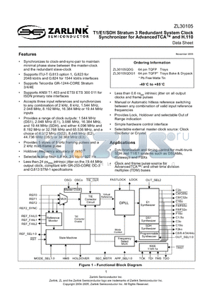 ZL30105QDG1 datasheet - T1/E1/SDH Stratum 3 Redundant System Clock Synchronizer for AdvancedTC TM and H.110