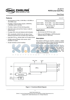 ZL30111 datasheet - POTS Line Card PLL