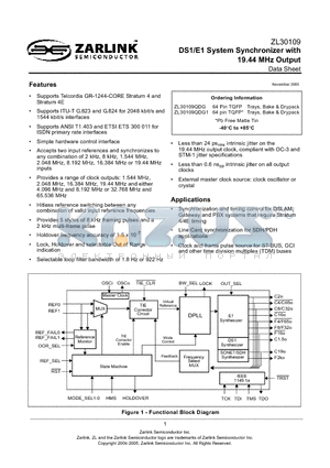 ZL30109QDG1 datasheet - DS1/E1 System Synchronizer with