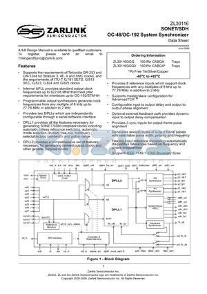 ZL30116GGG2 datasheet - SONET/SDH OC-48/OC-192 System Synchronizer