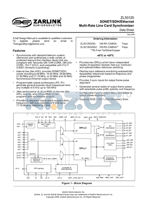 ZL30120 datasheet - SONET/SDH/Ethernet Multi-Rate Line Card Synchronizer