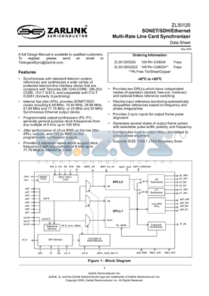 ZL30120GGG datasheet - SONET/SDH/Ethernet Multi-Rate Line Card Synchronizer