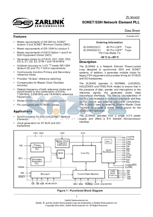 ZL30402 datasheet - SONET/SDH Network Element PLL