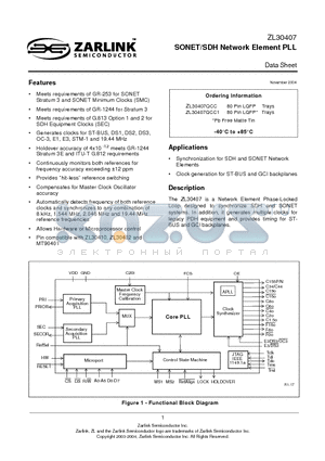 ZL30407 datasheet - SONET/SDH Network Element PLL