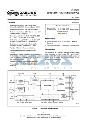 ZL30407 datasheet - SONET/SDH Network Element PLL