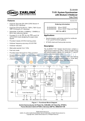 ZL30409 datasheet - T1/E1 System Synchronizer with Stratum 3 Holdover