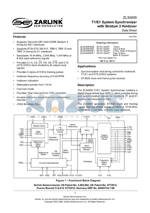 ZL30409/DDF datasheet - T1/E1 System Synchronizer with Stratum 3 Holdover