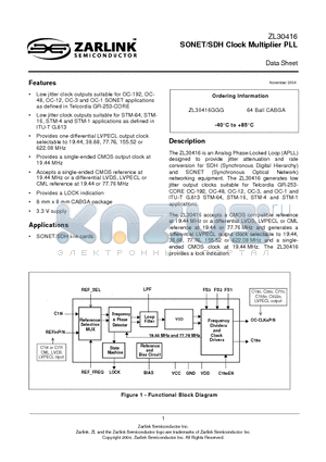 ZL30416 datasheet - SONET/SDH Clock Multiplier PLL