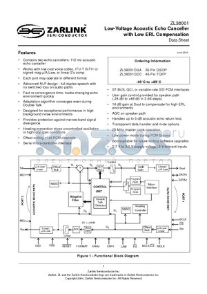 ZL38001 datasheet - Low-Voltage Acoustic Echo Canceller with Low ERL Compensation