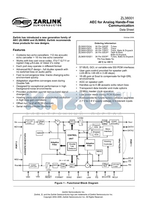 ZL38001 datasheet - AEC for Analog Hands-Free Communication