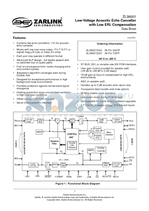 ZL38001DGA datasheet - Low-Voltage Acoustic Echo Canceller with Low ERL Compensation