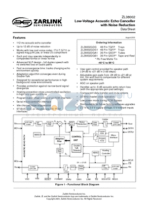 ZL38002 datasheet - Low-Voltage Acoustic Echo Canceller With Noise Reduction