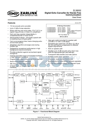 ZL38002QDG1 datasheet - Digital Echo Canceller for Hands Free Communication