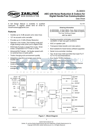 ZL38003GMG datasheet - AEC with Noise Reduction & Codecs for Digital Hands-Free Communication