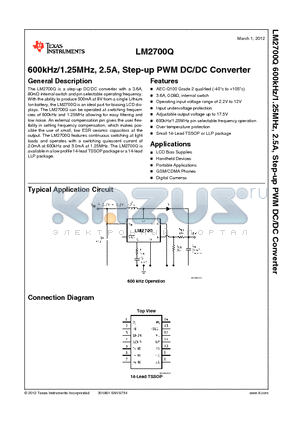 LM2700Q datasheet - 600kHz/1.25MHz, 2.5A, Step-up PWM DC/DC Converter