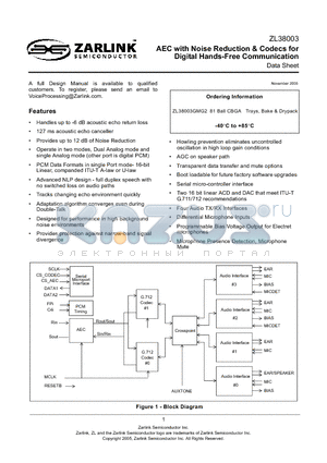 ZL38003GMG2 datasheet - AEC with Noise Reduction & Codecs for Digital Hands-Free Communication