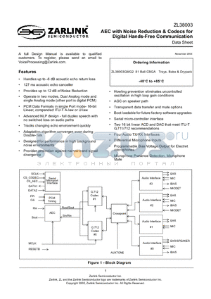 ZL38003 datasheet - AEC with Noise Reduction & Codecs for Digital Hands-Free Communication