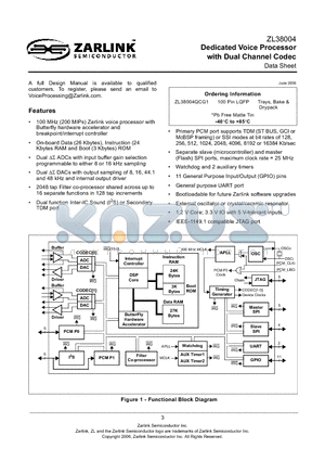 ZL38004 datasheet - Dedicated Voice Processor with Dual Channel Codec