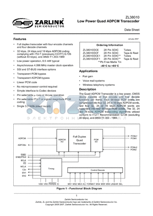 ZL38010DCF datasheet - Low Power Quad ADPCM Transcoder