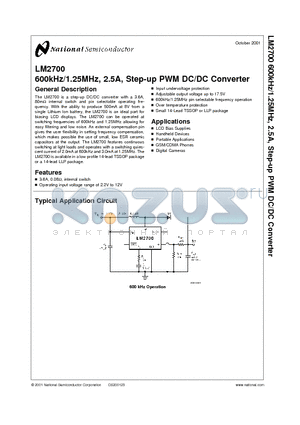 LM2700MTX-ADJ datasheet - 600kHz/1.25MHz, 2.5A, Step-up PWM DC/DC Converter