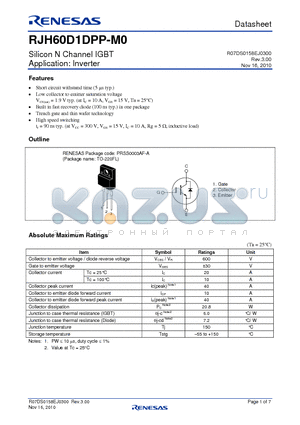 RJH60D1DPP-M0_10 datasheet - Silicon N Channel IGBT Application: Inverter