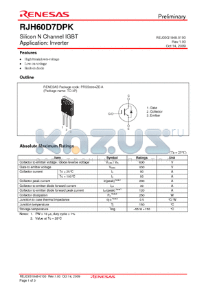 RJH60D7DPK-00-T0 datasheet - Silicon N Channel IGBT Application: Inverter