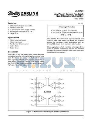 ZL40120/DCA datasheet - Low Power, Current Feedback Quad Operational Amplifier