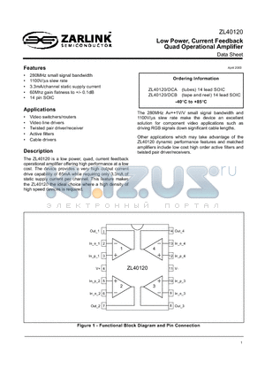 ZL40120/DCB datasheet - Low Power, Current Feedback Quad Operational Amplifier