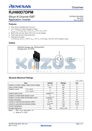 RJH60D7DPM datasheet - Silicon N Channel IGBT Application: Inverter