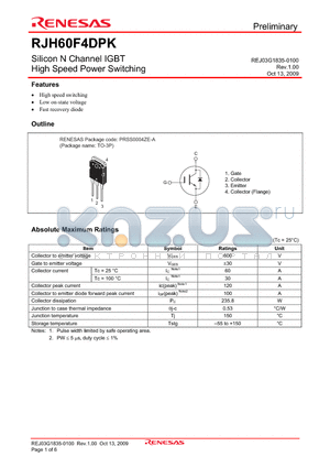 RJH60F4DPK-00-T0 datasheet - Silicon N Channel IGBT High Speed Power Switching