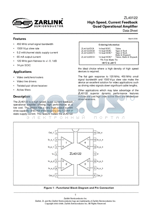 ZL40122DCE1 datasheet - High Speed, Current Feedback Quad Operational Amplifier
