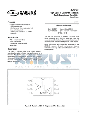 ZL40123/DCA datasheet - High Speed, Current Feedback Dual Operational Amplifier