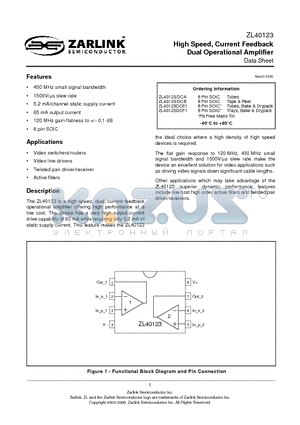 ZL40123DCA datasheet - High Speed, Current Feedback Dual Operational Amplifier