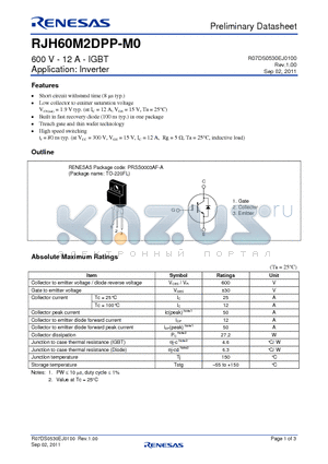 RJH60M2DPP-M0 datasheet - 600 V - 12 A - IGBT Application: Inverter