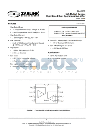 ZL40167DCA datasheet - High Output Current High Speed Dual Operational Amplifier