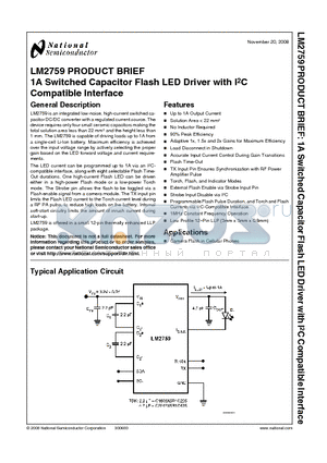 LM2759 datasheet - PRODUCT BRIEF 1A Switched Capacitor Flash LED Driver with I2C Compatible Interface